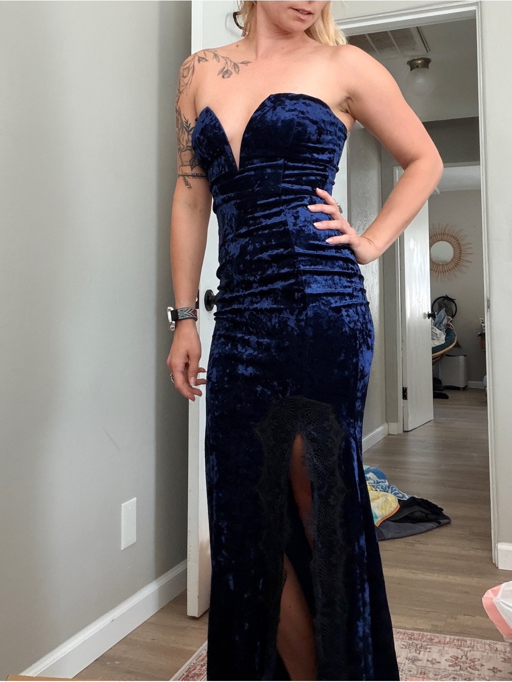 Strapless Navy Blue Velvet Evening Gown